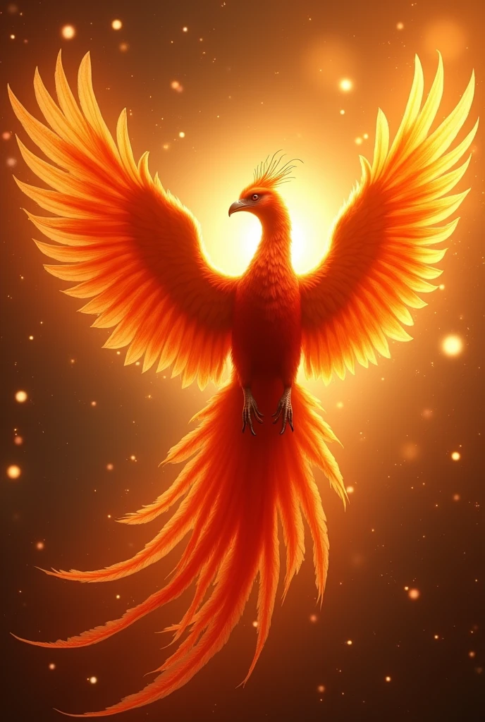 god々A fascinating close-up portrait of a beautiful large phoenix in bright light, Golden Light, The vibrant bokeh balls gently frame the delicate shape.. , The phoenix is a beautiful, fiery red.., Extremely realistic photos, 美しくgod秘的に発光する翼, A long tail like a peacock, Ultra detailed sun, With the sun at my back, Flying in the sky, Facing forward, universe space, Very large and impressive adult bird, Flames flutter,