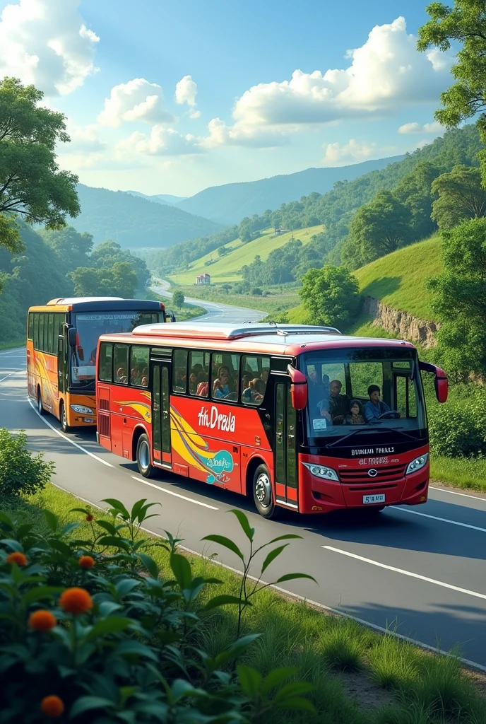 Two AC buses are passing each other on the beautiful road of Bangladesh, one bus is called  Tanjima Travels and the other is called Rifat Express.