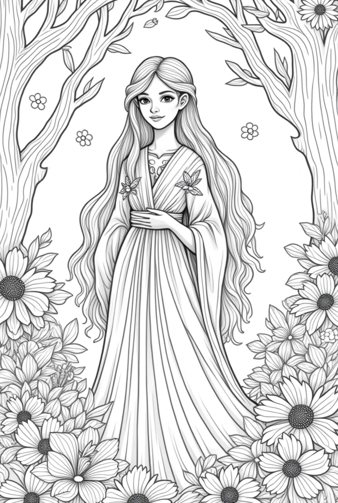 Create me a coloring picture of a fairytale enchanted forest with a flower girl, for coloring with large white areas and strong black lines