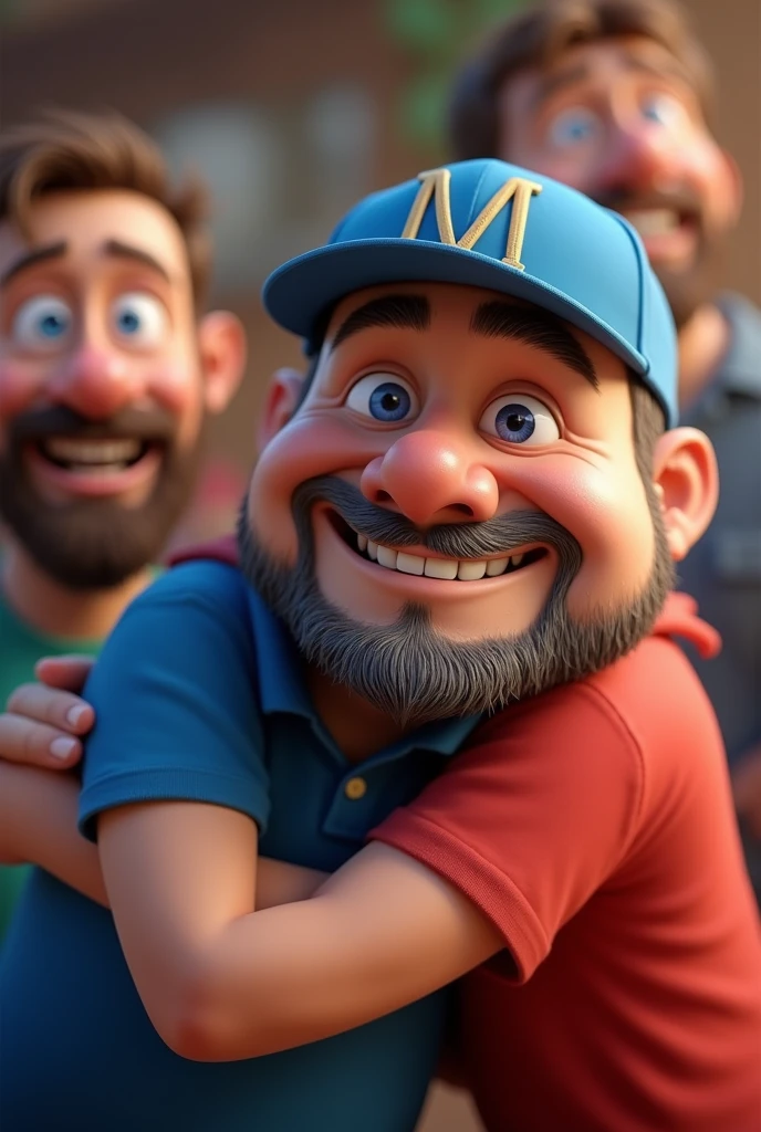 Pixar-inspired 3D poster capturing a background scene with a 3 man with a short, dark beard , square face white man with black hair to the side short lumberjack style dressed in blue polo shirt or suit with a blue cap with the letter m on the cap light skin color happy choking a bearded white man with the red shirt 