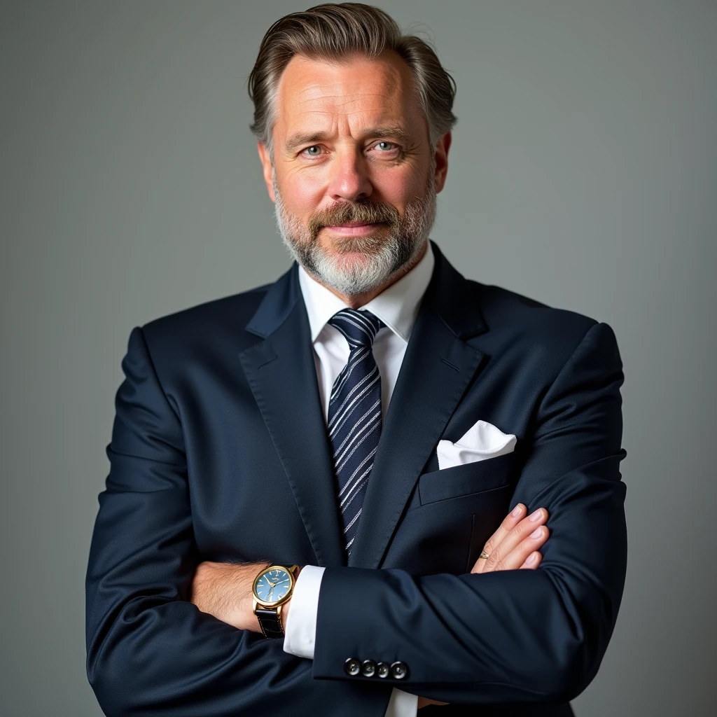 Bernd Michael Benemann Swabian, Male Executive, 60 years, very light brown hair, almost blonde, perfectly combed back, Full, thick beard of moderate length, the same color as the hair, green eyes, glare, slight enigmatic smile. navy blue suit, straight buttoned jacket, White shirt, tie with thick Mexican pink stripes and thin white stripes tied with a Windsor knot, white handkerchief in chest pocket of jacket, pants slightly covering the top of the black shoes, Bostonian style. Arms crossed in front of the chest, revealing 5 centimeters of the shirt sleeve, Patek Phillipe watch in gold and black leather strap on left wrist, Gold wedding ring on the ring finger of the left hand, gold bracelet on right wrist