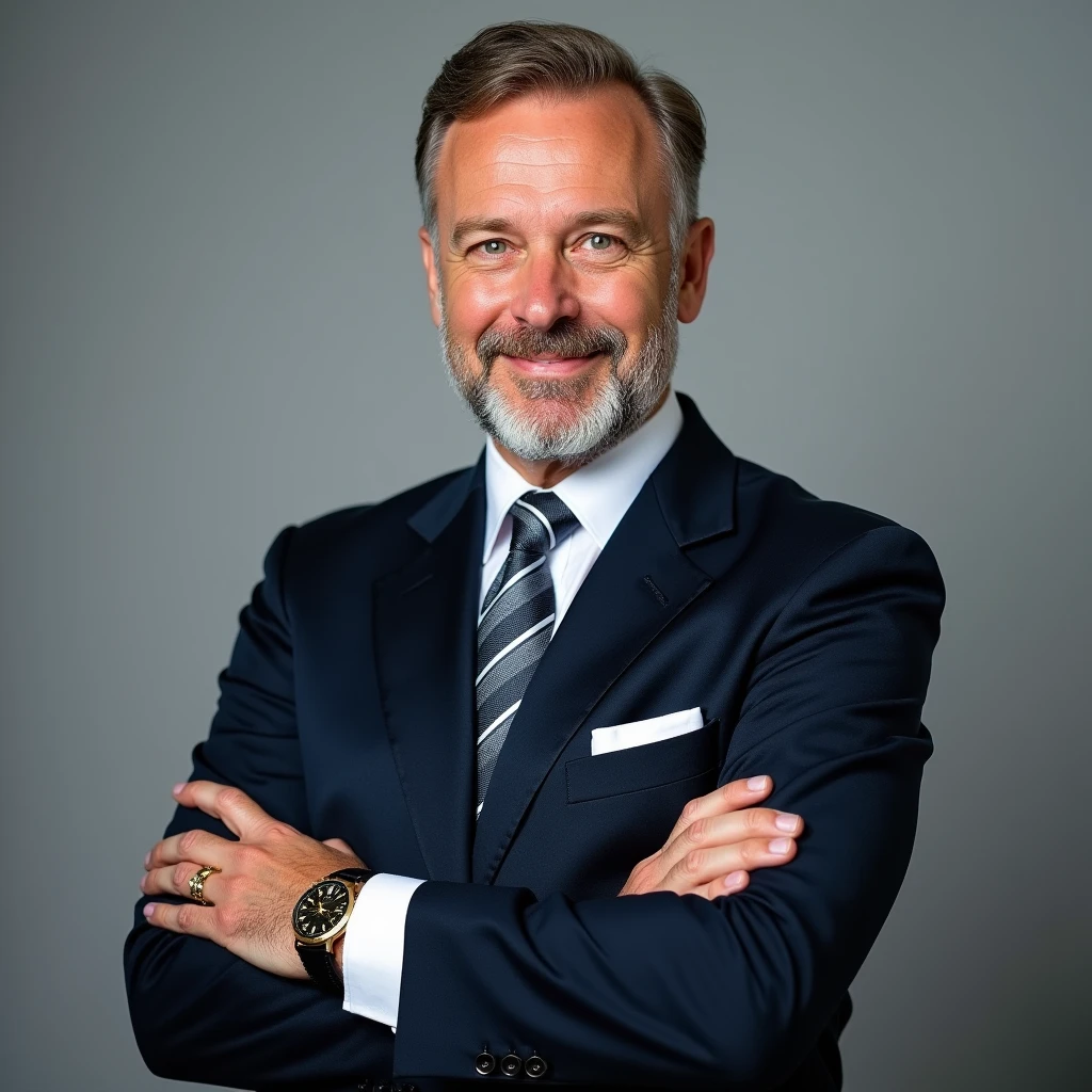 Bernd Michael Benemann Swabian, Male Executive, 60 years, very light brown hair, almost blonde, perfectly combed back, Full, thick beard of moderate length, the same color as the hair, green eyes, glare, slight enigmatic smile. navy blue suit, straight buttoned jacket, White shirt, tie with thick Mexican pink stripes and thin white stripes tied with a Windsor knot, white handkerchief in chest pocket of jacket, pants slightly covering the top of the black shoes, Bostonian style. Arms crossed in front of the chest, revealing 5 centimeters of the shirt sleeve, Patek Phillipe watch in gold and black leather strap on left wrist, Gold wedding ring on the ring finger of the left hand, gold bracelet on right wrist