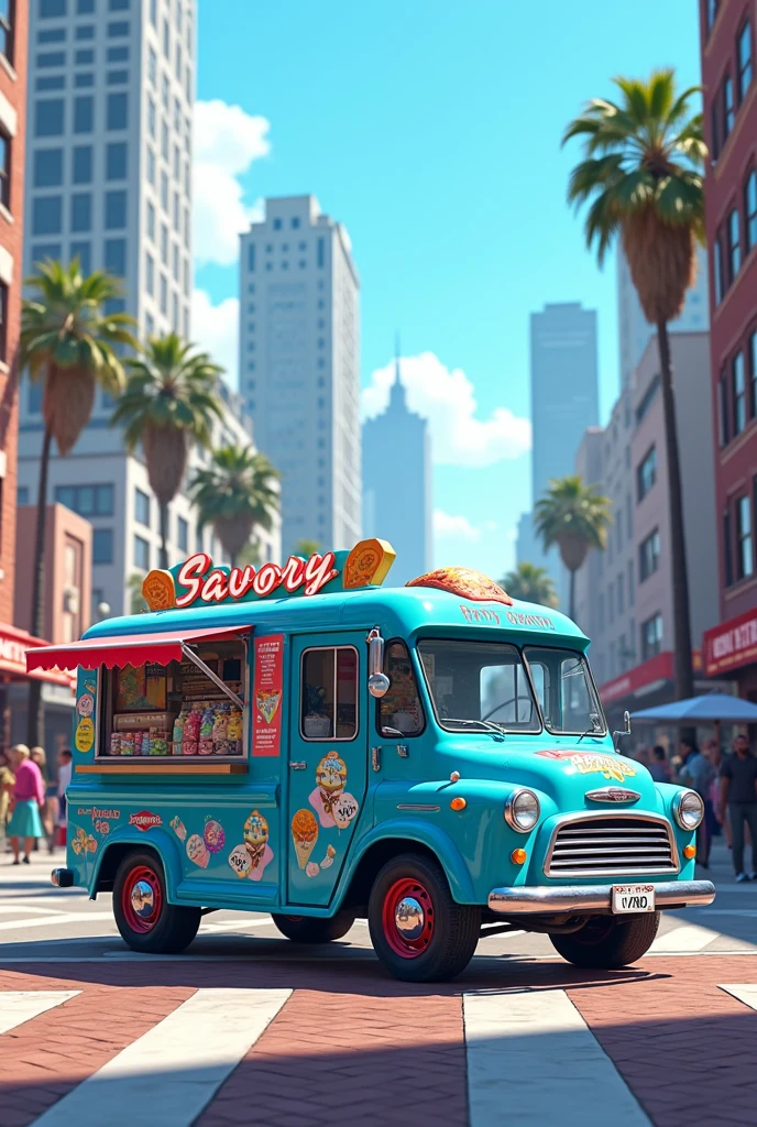 Blue ice cream truck brand “Savory” located in the city of GTA San Andrea