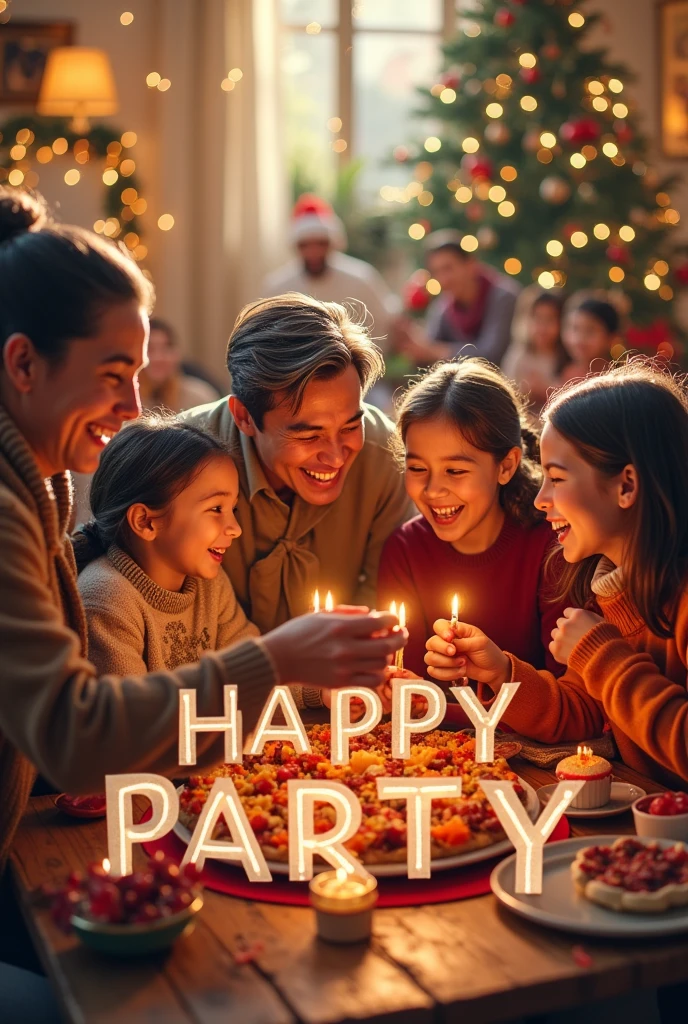 Families enjoying a happy holiday, and in large letters that the words can be seen "happy party"