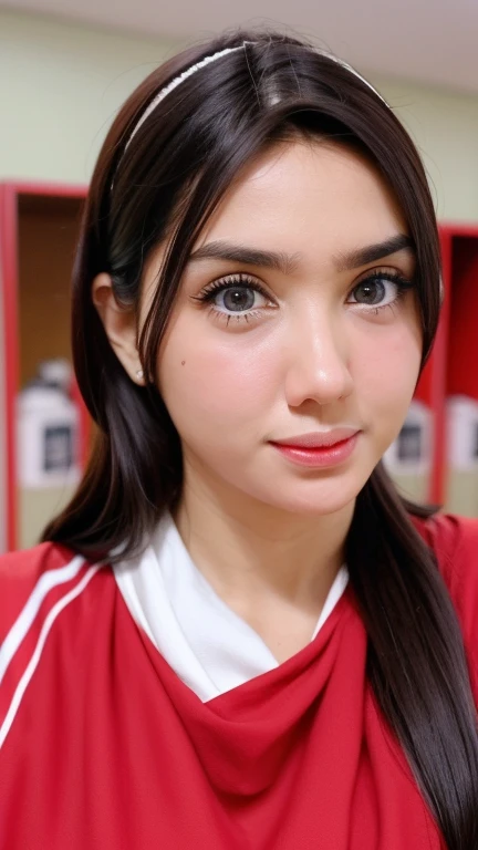 Generate a high-resolution, natural-looking image of a female spectator wearing a plain red and white jersey without a logo, inside the Emirates Stadium's locker room. The image should be taken with a professional camera and lens, featuring a smooth bokeh effect in the background to create an artistic blur. Focus sharply on her face, including her hairstyle and a noticeable mole on her cheek. Include details of the locker room environment, such as lockers, team gear, and other subtle elements to enhance realism. Ensure the lighting and expressions are authentic, capturing a vibrant and energetic atmosphere within the space.