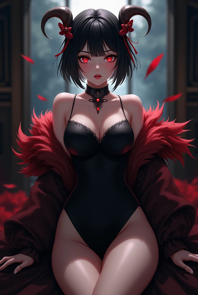 (best quality), masterpiece, 8k resolution, (dark mood background:1.4), dark fantasy, anime girl, one girl, solo, beautiful girl, ecchi, goth girl, pale skin, big breast, beautiful breasts, seducing, (yandere: 1.2), detailed lips, beautiful lips, red lips, big eyes, (red eyes:1.2), glowing eyes, (very detailed eyes:1.4), cute girl, short hair, black hair, (black bikini:1.2) , (thighs:1.4), dramatic lighting, deep shadows