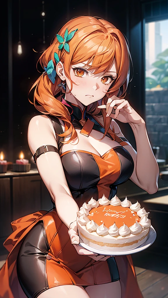 (best quality)), ((Masterpiece)), (details:1.4), Slanted mouth, Turn away, Close-up of a person holding a birthday cake, Sulky face, Orange Hair, Orange Eyes, Three hair clips, macross delta, macross delta splash art, detailed!!, Demodog, dlc, # de 9 5 f 0, Dissipate!!, Satanic! Competitionium!, shirobako, Devianter, detailed!!!!!!!, Deregu, Beasts, Advertising images