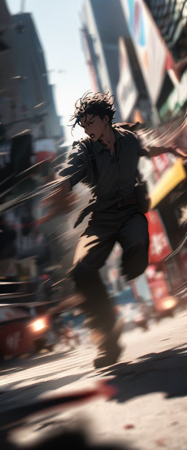 (high quality, 8k, 4K, high contrast, masterpiece: 1.2, 最high quality, best aesthetic), Shibuya crossing, post-apocalyptic, 1 man, focus, intense fight, fighting action pose, ((( Blur effect motion speed: 1.6))), destroyed Tokyo atmosphere, empty street scene, broken neon signs, depressing atmosphere, fast movement, ((motion blur on arms)), shadow assassin, assassinating an enemy , destroyed architecture, blood on the ground, less blood stained, evil energy, cinematic colors, dynamic settings, atmospheric perspective, epic lighting