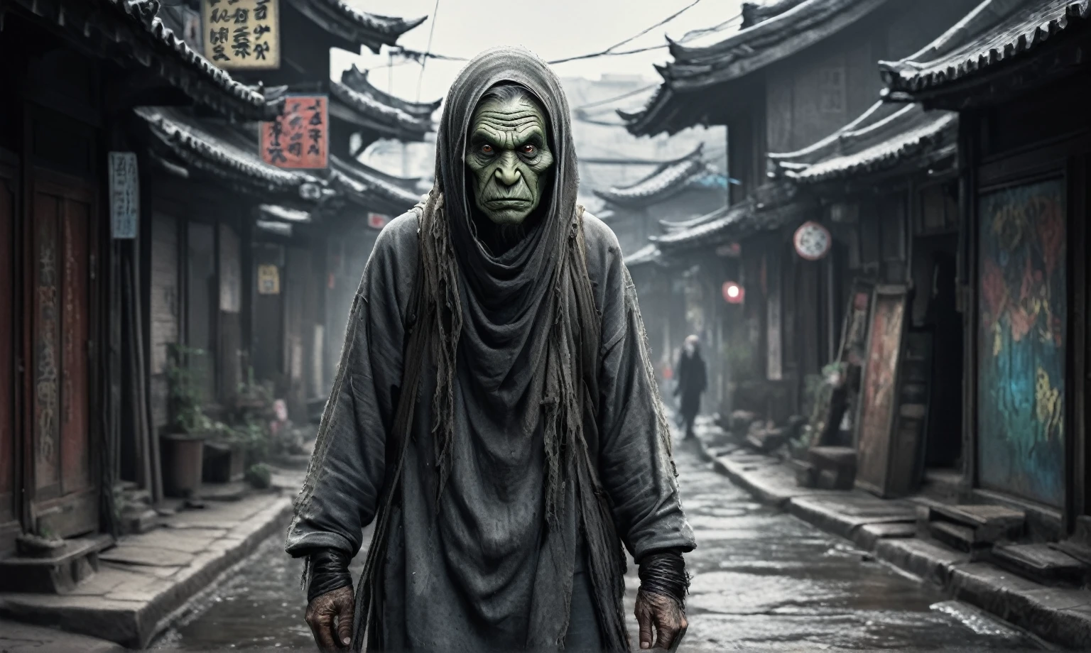 full body length shot,beggar graphite Manganite sparas, wants eat,survival in Korean city of future,Cinematic,soft colors, Technicolor,natural skin textures, hyper realism, hyper detailed,Extremely detailed,High contrast,Masterpiece,Realistic,Ultra Detailed, intricate details,realistic humid leather,extremely intricate,Epic Realistic, cinematic style,irina yermolova,high contrast,hdr,extremely detailed, masterpiece,intricate details,faded,eyes extremely detailed, high detailed eyes,16k resolution,RAW,retina, Nikon Z9,China,Songbird orc,ink photo style, Pisces, perfect, Zinger，transition between two art styles, Ink painting to photorealism, Double contact, X-ray, Creative, vivid light, masterpiece, fantasy, Abstract, Surrealism, super detailed, high resolution, stop:35,(((creature with a spectral and ghostly appearance)). Her skin is pale, almost translucent.strange wears modern, torn clothes that float around him, as if permeated by an aura of eternity 