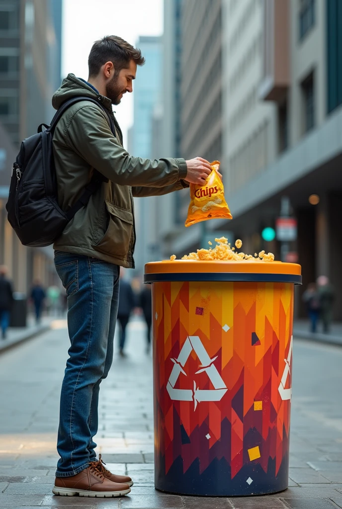 A person throws away his packet of potato chips in a colorful and eye-catching bin