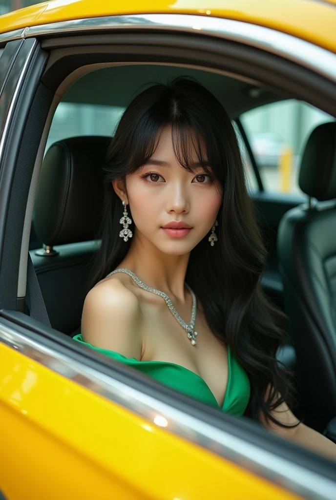 High quality image of a beautiful Korean woman with long black hair and bangs on her forehead, looking elegant and charming, wearing a bright green sexy dress, wearing complete jewelry and earrings, sitting on the sexy front seat, wearing white high heels and a shiny bright yellow Mercedes Benz e-class sedan.