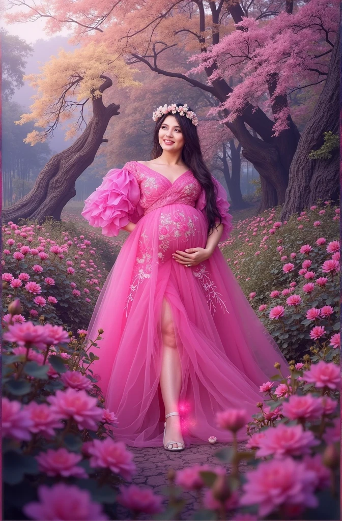 pregnant woman in pink dress standing in a field of flowers, digital art by Gabriel Ba, trending on cg society, fantasy art, in pink forest, maternal photography 4 k, dressed in a pink dress, wearing pink floral gown, fantasy photoshoot, very magical and dreamy, pink forest, pink lotus queen, full body portrait shot, lady with glowing flowers dress