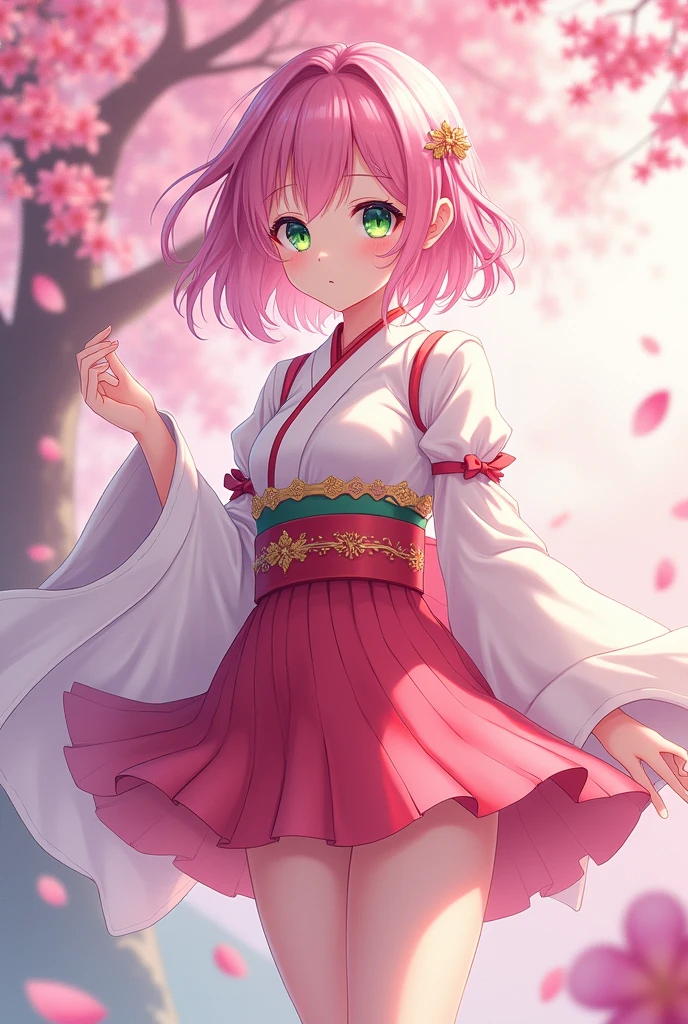 Anime Girl with Pink Hair, greeneyes, fan, fully body, japanese clothing, pink aura, pantyhose, sakura flowers