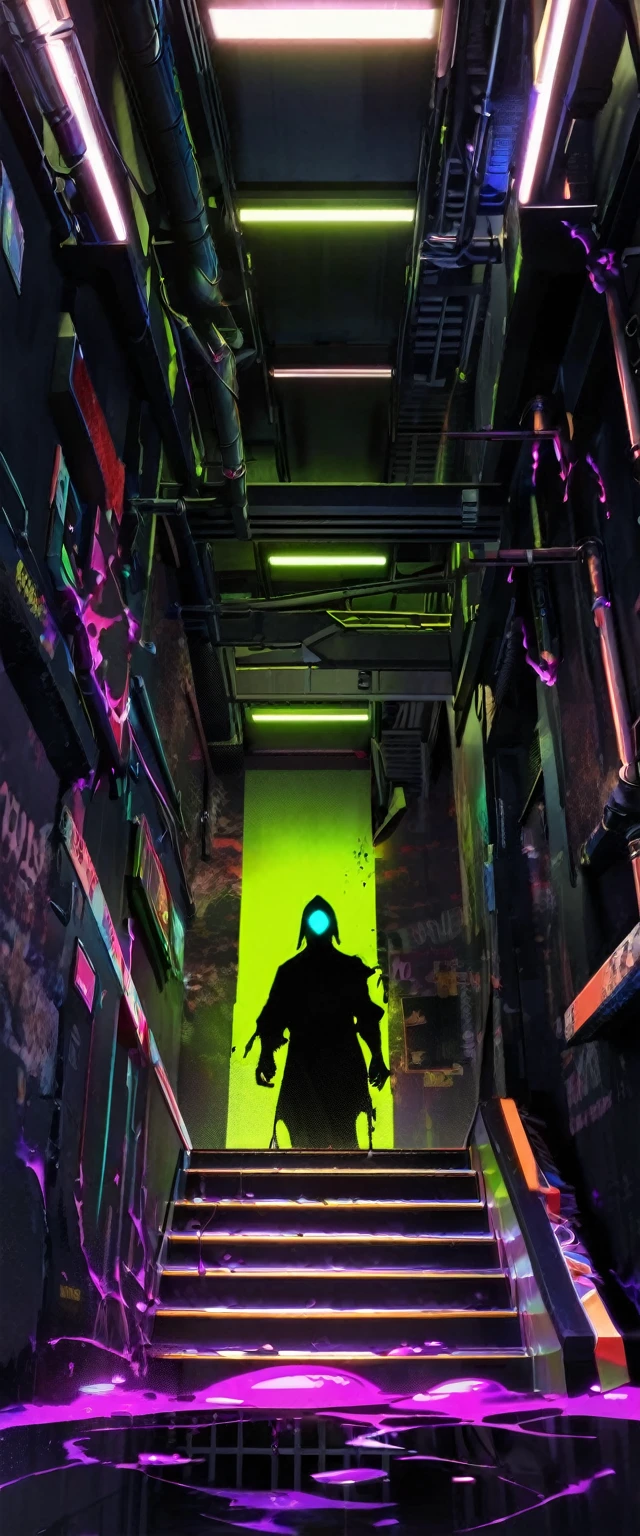 (score_9, score_8_up, score_7_up), zPDXL, 1 shadow, alone, looking at viewer, subway exit background, cyberpunk, abstract dark body, glowing white eyes, black face, black body, full body, his entire black body disembodied, going up the stairs, organic shadow, crows, humanoid figure wrapped in shadows, sinister and threatening figure, glowing eyes stand out in the darkness, almost amorphous dark silhouette, going up stairs, background with pipes and cyberpunk signs, ethereal almost liquid texture, it was made of a dark, viscous substance that drips and spreads, dark aura, black claws, seen from above,