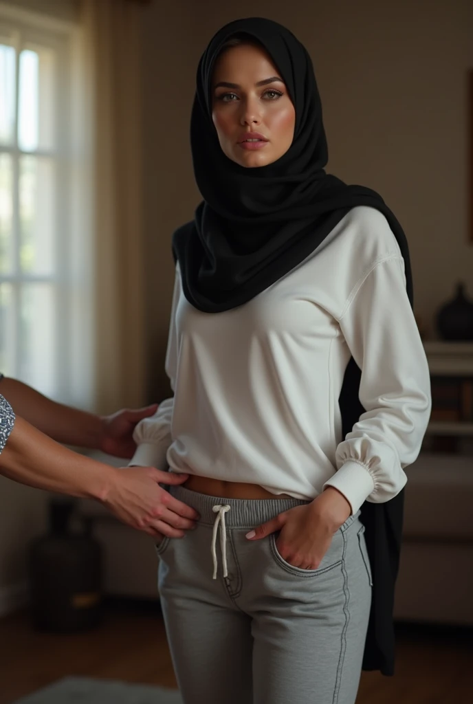 Black headscarf at home, white long sleeve t shirt, black sweatpants, white socks, sexy woman. Men touching women&#39;s buttocks. 
