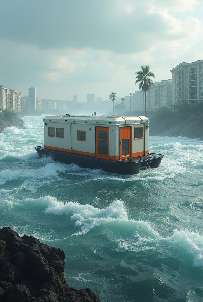 Using controlled water currents in a flood to transport compact floating shelters