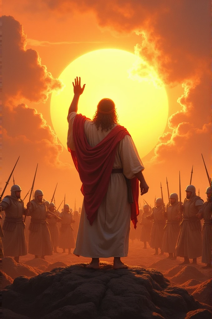 Create an image of Joshua stopping the Sun according to the biblical narrative