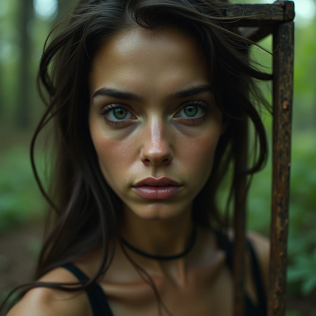 wooden structure,forested area,natural light,out of focus greenery,vertical orientation,natural lighting,eye-level shot,fashion photography,(abstract:1.3),(intricate skin detail:1.3),(wrinkles:1.2),(skin blemishes:1.1),(skin pores:1.1),(detailed face:1.3),(lips slightly parted:1.0),projection lighting,hdr   Puppetry art by Kaja Foglio 