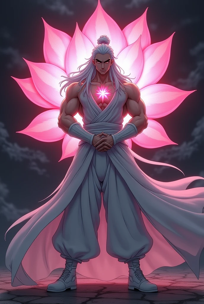 Anime villains,Korean White Lotus Sect leader,Black thick eyebrows,White long hair,Strong and solid body,Broad shoulders,Chest bulge,Thick arms,Wearing ancient white emperor costume,White trousers,White boots,Gloves white wrist guard,White clothes with a pink lotus pattern in the center of the chest,He put his hands behind his back,Background black,Pink transparent glowing lotus,HD Video。