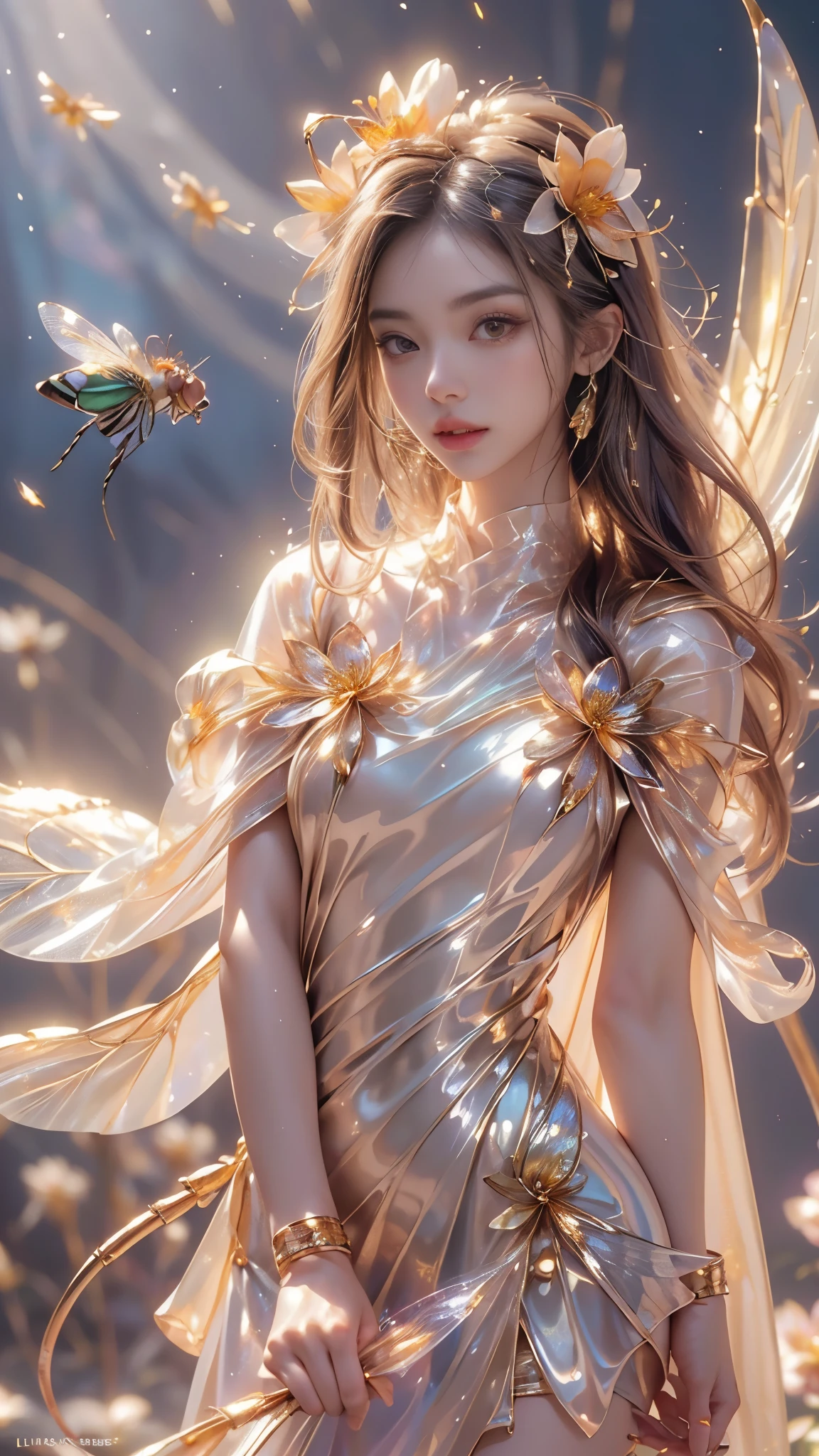 8k, masterpiece, 1 girl, beautiful face, very long hair, light makeup, (glossy skin:1.5), detailed eyes, detailed lips, small bust, short clothing, dragonfly, ((golden dragonfly clothing)), ((flowing cape)), light clothing, (flower falling:1.5), god rays, depth of field, ray tracing,