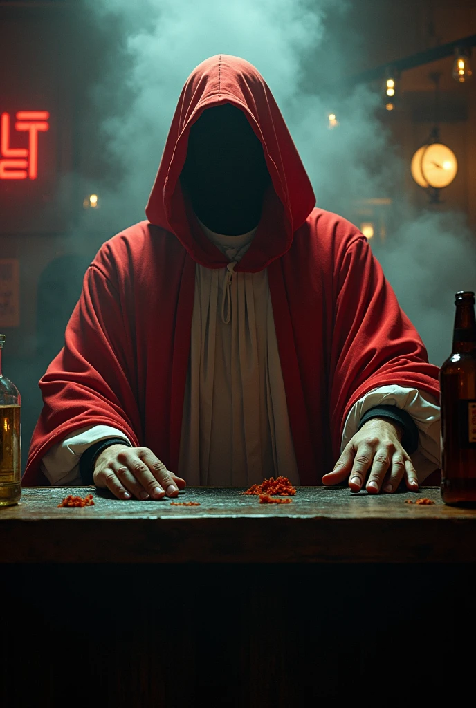 An image of a bartender dressed as an altar boy from a church but appearing in a nightclub. The robe should be red and white.