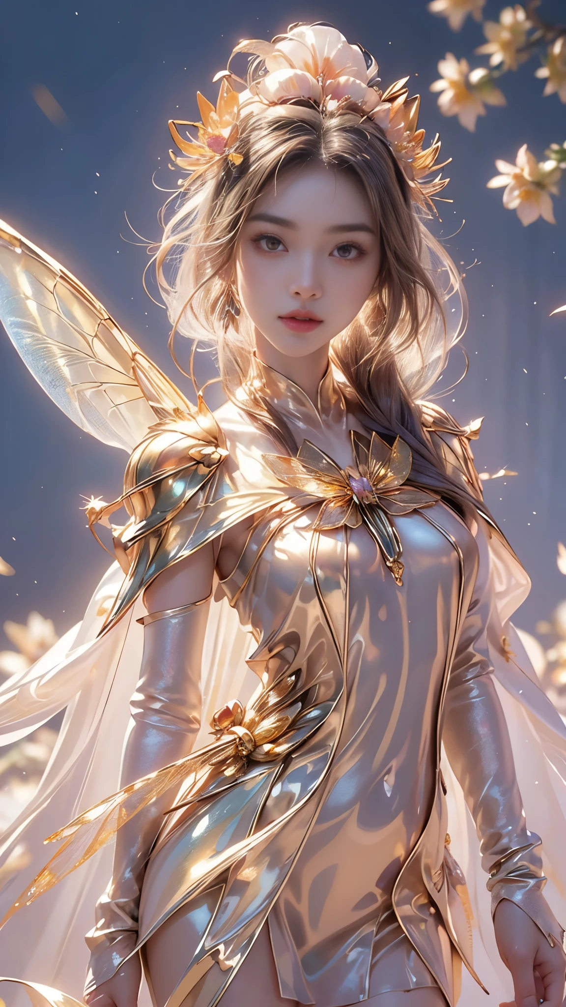 8k, masterpiece, 1 girl, beautiful face, very long hair, light makeup, (glossy skin:1.5), detailed eyes, detailed lips, small bust, short clothing, dragonfly, ((golden dragonfly clothing)), ((flowing cape)), light clothing, (flower falling:1.5), god rays, depth of field, ray tracing,