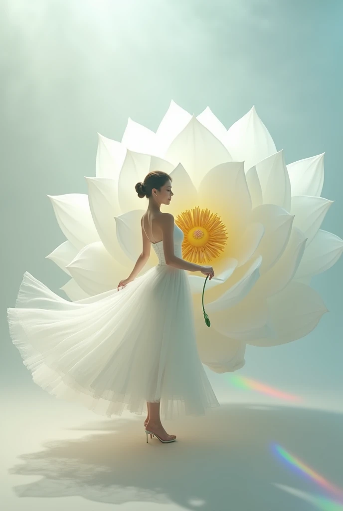 Light rainbow background of fog and legs,   minimalist, elegant, pure gentle, soft light, photorealistic. Giant White Lotus ,  with huge and long petals. (petal made of thin and soft tulle, flowing petals full background, floating petals, hyperflying petals, at the feet A mixture of rainbow smoke and fog effects from colored fog on the ground and petals). Extravagant, beautiful woman full length, nice legs,shoes,in a fast dance pose, (Ultra detailed face, hyperrealistic) позирую  Giant White Lotus , woman holding green stem in front of her, center of yellow bright rose in photo, woman looking at viewer, permission 8k, masterpiece, top quality, the skirt flutters strongly in the wind,