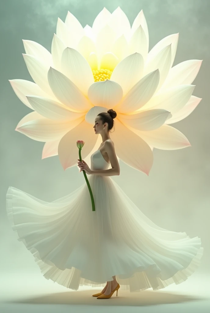 best quality, masterpiece, full body portrait of a woman dressed in a flower-like dress with the hem spreading out like petals, dancing gracefully in mid-air, radiant and joyful expression, soft glowing light, detailed floral dress, vibrant colors, surrounded by blooming flowers, delicate and elegant atmosphere, top-down view, bird's-eye view, in motion, concept art, digital painting
