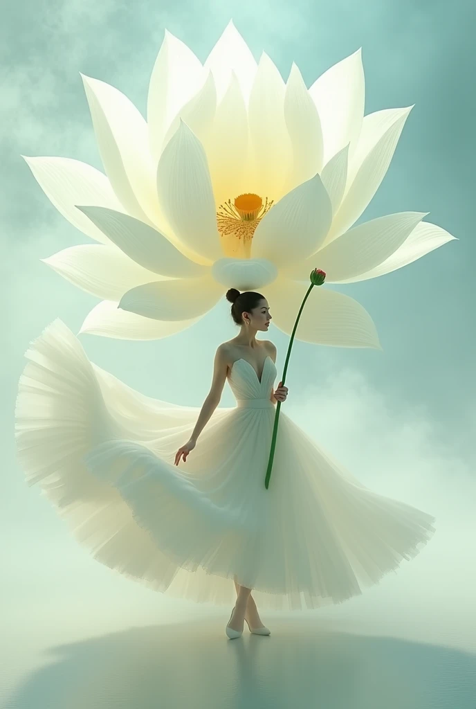 Light rainbow background of fog and legs, minimalist, elegant, pure gentle, soft light, photorealistic. Giant White Lotus , with huge and long petals. (petal made of thin and soft tulle, flowing petals full background, floating petals, hyperflying petals, at the feet A mixture of rainbow smoke and fog effects from colored fog on the ground and petals). Extravagant, beautiful woman full length, nice legs,shoes,in a fast dance pose, (Ultra detailed face, hyperrealistic) позирую Giant White Lotus , woman holding green stem in front of her, center of yellow bright rose in photo, woman looking at viewer, permission 8k, masterpiece, top quality, the skirt flutters strongly in the wind,
