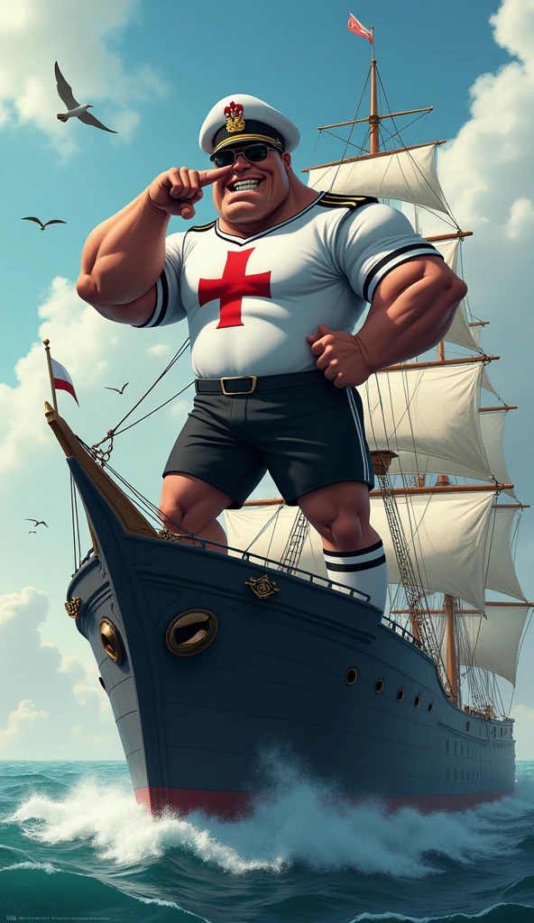 The mascot is an admiral, muscular, puffed-up chest, with an imposing appearance. He should be wearing a soccer uniform, a white shirt, with a black crossband, over the band a thick red Maltese cross on the chest, black shorts and socks, with a black admiral's hat with a thick red cross on the sides straight in the front. The admiral should be posing with a confident and friendly expression, covering one eye with one hand, and with the other hand pointing the middle finger forward, on top of a large black slave ship in a high sea with waves, white sails flapping in the wind, birds flying in the sky.