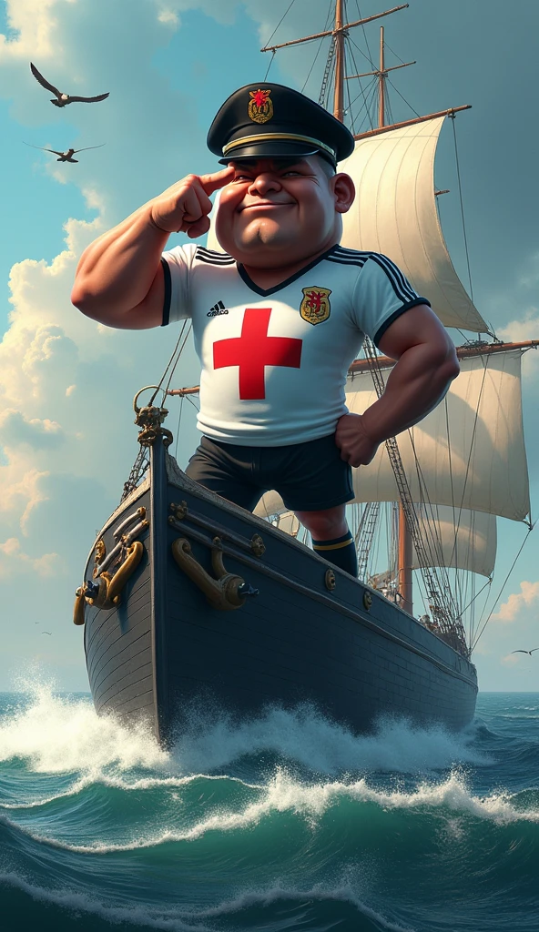 The mascot is an admiral, muscular, puffed-up chest, with an imposing appearance. He should be wearing a soccer uniform, a white shirt, with a black crossband, over the band a thick red Maltese cross on the chest, black shorts and socks, with a black admiral's hat with a thick red cross on the sides straight in the front. The admiral should be posing with a confident and friendly expression, covering one eye with one hand, and with the other hand pointing the middle finger forward, on top of a large black slave ship in a high sea with waves, white sails flapping in the wind, birds flying in the sky.