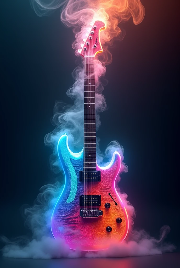 Create an image of a colorful guitar exhaling smoke.