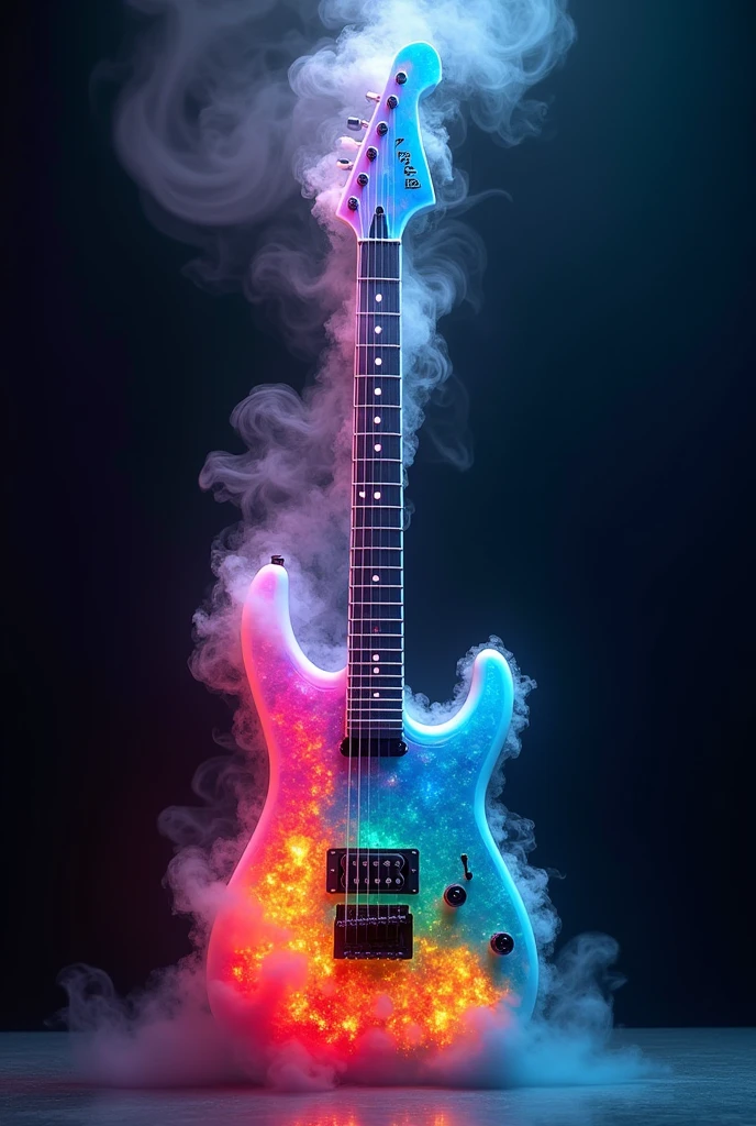 Create an image of a colorful guitar exhaling smoke.