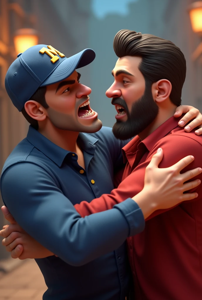 Pixar-inspired 3D poster capturing a background scene with a 3 man with a short, dark beard , square face white man with black hair to the side short lumberjack style dressed in blue polo shirt or suit with a blue cap with the letter m on the cap light skin color angry choking a bearded white man with the red shirt