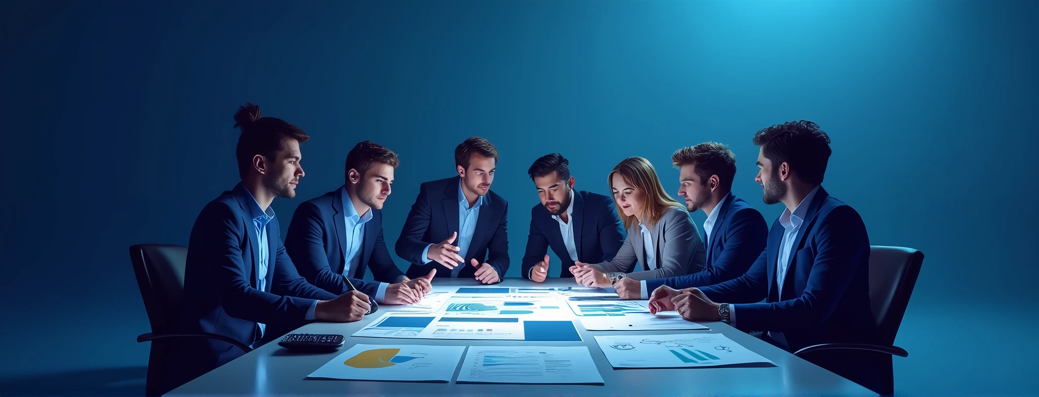 I want you to create a banner in a gradient navy blue tone with a team of people who show that they are a team working towards the same goal., a table with spreadsheets, graphs and calculator that reflect leadership and decision making with information.
