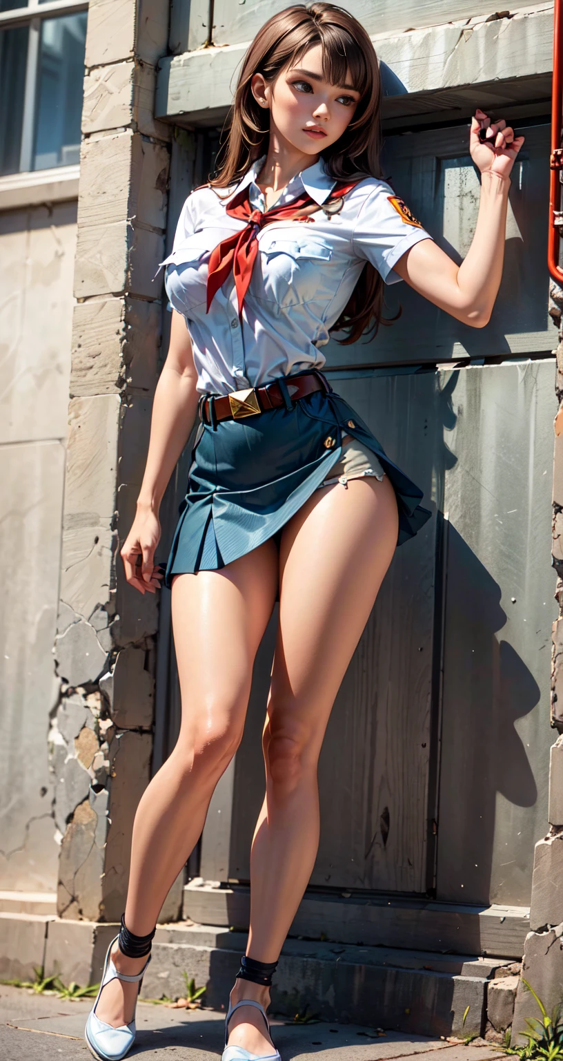 8 K, high quality image, high image detail, sunny day, open sky, (full body shot:1.3), tall fit girl, Very long straight hair, chestnut hair with black highlights, Smooth bangs, perfect brown eyes, neat dark eyebrows, pale skin, (muscular girl:1.1), strong heaps, (neat huge breasts:1.2), wide hips, pioneer neckerchief, tight short blue skirt, White shirt, Short sleeves, collared shirt, belt, eyelashes, red neckerchief, chest pocket, Nipples through clothes