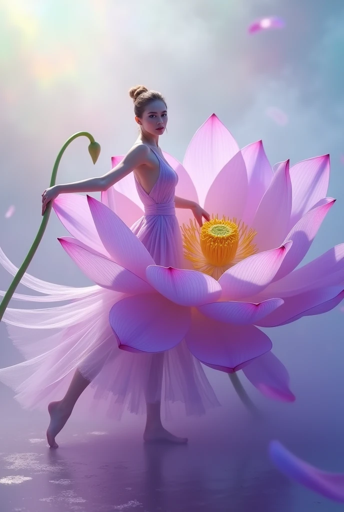 Light rainbow background of fog and legs,   minimalist, elegant, pure gentle, soft light, photorealistic. Giant Purple Lotus ,  with huge and long petals. (petal made of thin and soft tulle, flowing petals full background, floating petals, hyperflying petals, at the feet A mixture of rainbow smoke and fog effects from colored fog on the ground and petals). Extravagant, beautiful woman full length, nice legs,shoes,in a fast dance pose, (Ultra detailed face, hyperrealistic) позирую  Giant Purple Lotus , woman holding green stem in front of her, center of yellow bright rose in photo, woman looking at viewer, permission 8k, masterpiece, top quality, the skirt flutters strongly in the wind,