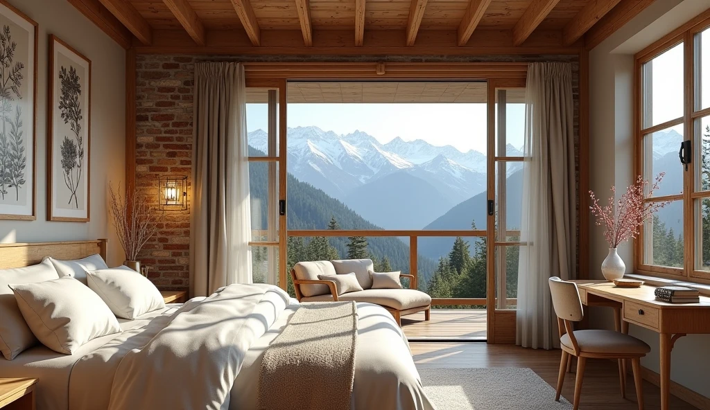 contemporary cottage bedroom design ideas, balcony, mountain view