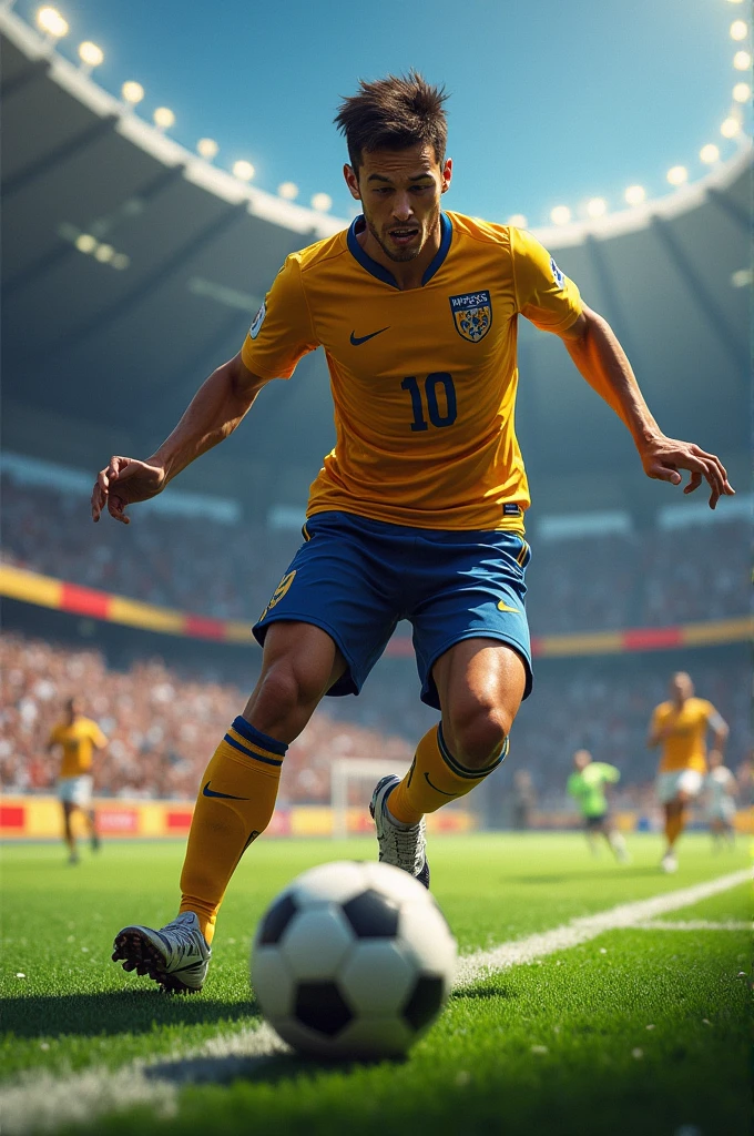 A dynamic shot of a player scoring a goal or making a dramatic save during a match.