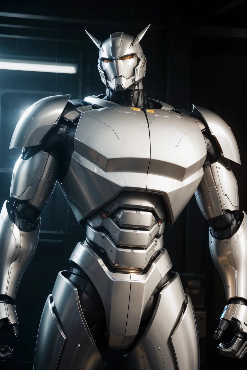 Giant robot , high quality hyper realistic image, gold details on the arm, super technological silver body, with details of a core in the chest