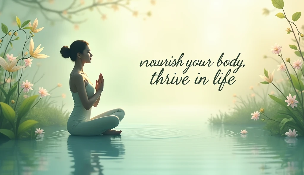A serene background with soft, natural elements like flowing greenery, flowers, or gentle waves. Incorporate imagery of a woman practicing yoga or meditation in nature. “Nourish Your Body, Thrive in Life” in elegant, cursive font, with the brand name subtly placed. Earthy tones like sage green, soft blues, and muted pinks to create a calming effect.