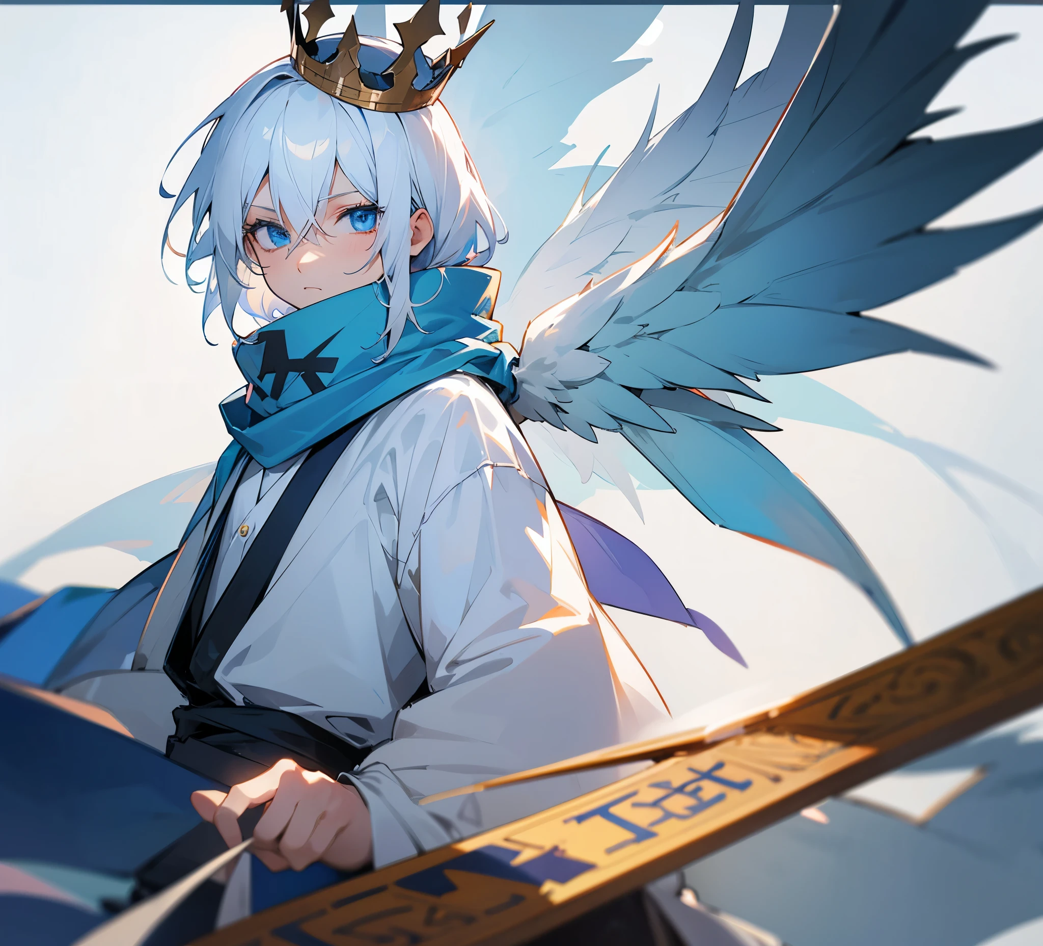 Make an anime character with white hair, blue eyes, a white shirt with a print, a scarf and a crown on top of the letter a and wings on the side of the letter a with the character holding a sign that says subscribe