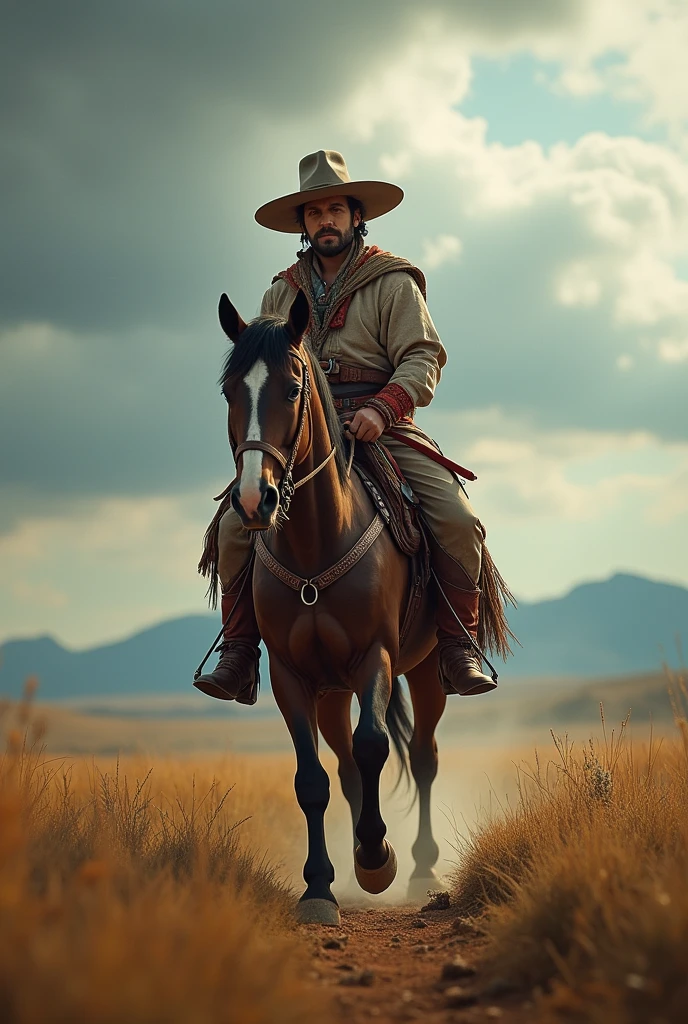 1 male figure, Pancho Villa, Mexican revolutionary outfit, assassin's creed style, riding horse, large open plain, cinematic composition, realistic, highly detailed, photorealistic, 8k, HDR, dramatic lighting, vivid colors, moody atmosphere, epic scale, intricate details, sharp focus, professional rendering