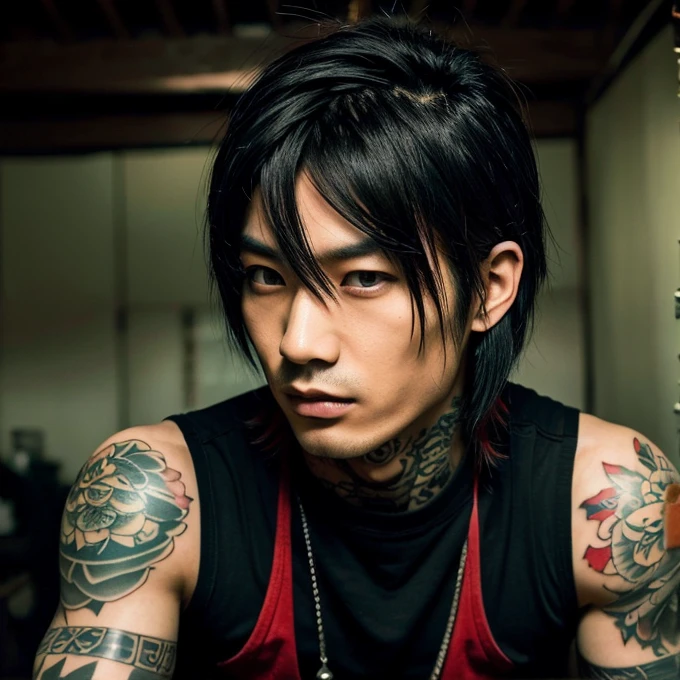 1 man, Japanese man, male, Asian eyes, muscular, broad shoulders, yakuza tattoos, hairstyle Visual Kei style, hair Visual Kei, black men's shirt and black pants, ultra detailed face, hyperrealistic, realistic representation, long hair, long hair, 30 years old, age 30 years, blonde hair