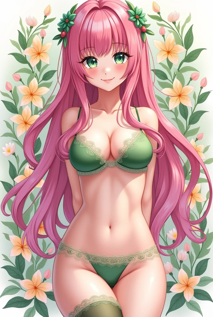 Convert your flower art into illustration.、Create backgrounds with vibrant colors and unique touches The type of flower is statice、Gypsophila、sweet pea、Mix in some lace flowers, big breasts, cleavage, pink hair, green eyes, ((((green highlights)))), (((green braids))), standing, contrapposto, sexy pose, thick thighs, thigh highs, lingerie, arms resting behind, ulzzang, big green sparkling eyes like gemstones, thin waist, big hips, mitsure kanroji, kimetsu no yaiba,