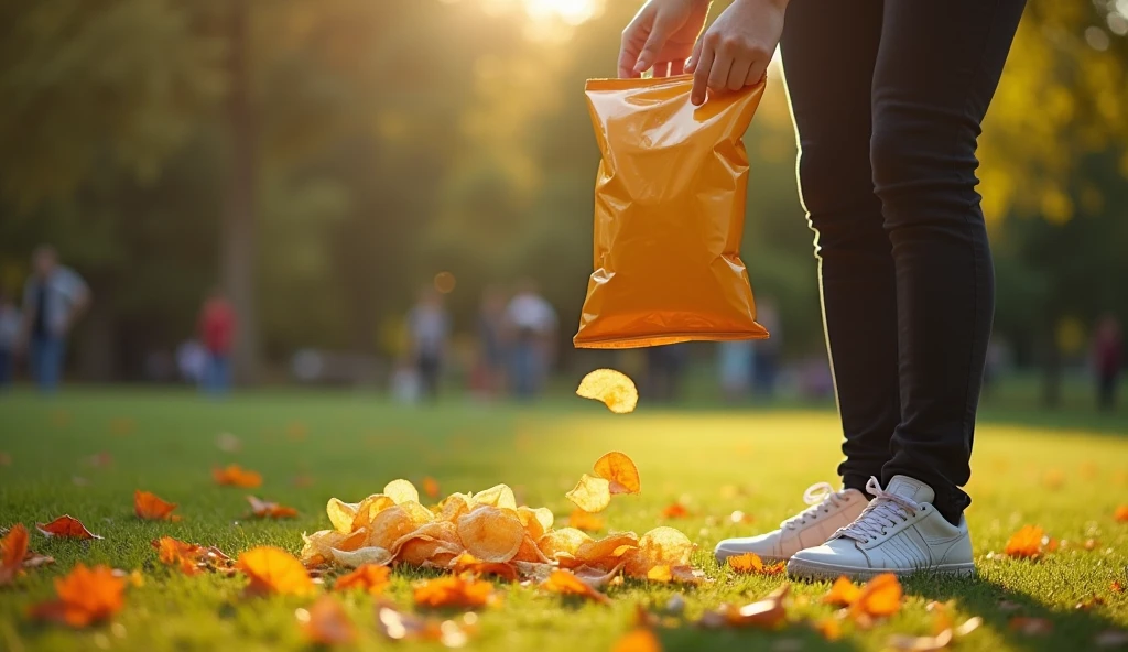 person throwing a bag of chips on the ground in a park