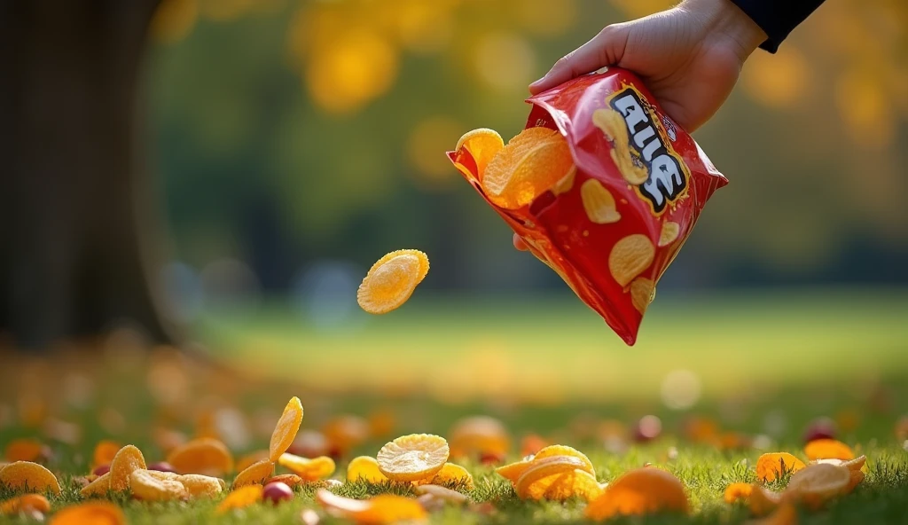 person throwing a bag of chips on the ground in a park