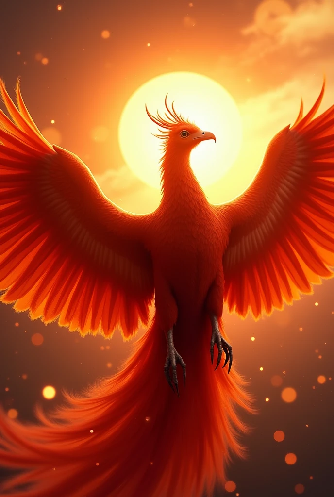 god々A fascinating close-up portrait of a beautiful large phoenix in bright light, Golden Light, The vibrant bokeh balls gently frame the delicate shape.. , The phoenix is a beautiful, fiery red.., Extremely realistic photos, 美しくgod秘的に発光する翼, A long tail like a peacock, Ultra detailed sun, With the sun at my back, Flying in the sky, Facing forward, universe space, Very large and impressive adult bird, Realistic burning flames dance across the screen, Squeal with open mouth,