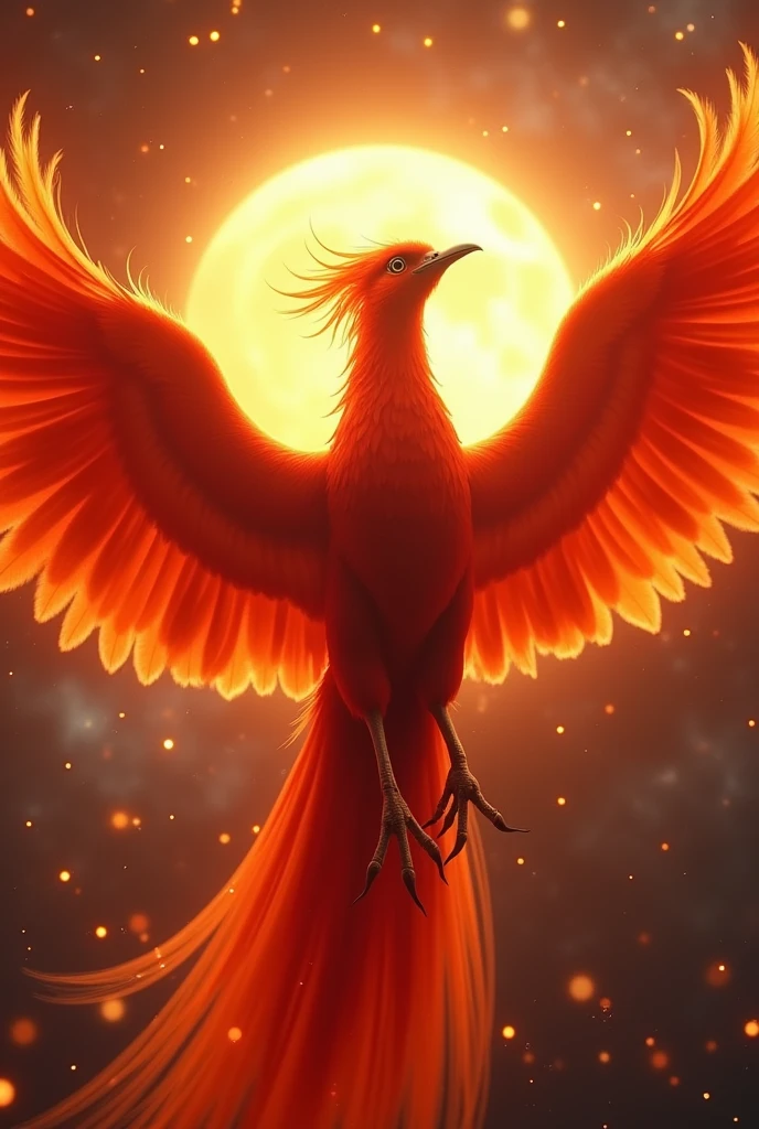 god々A fascinating close-up portrait of a beautiful large phoenix in bright light, Golden Light, The vibrant bokeh balls gently frame the delicate shape.. , The phoenix is a beautiful, fiery red.., Extremely realistic photos, 美しくgod秘的に発光する翼, A long tail like a peacock, Ultra detailed sun, With the sun at my back, Flying in the sky, Facing forward, universe space, Very large and impressive adult bird, Realistic burning flames dance across the screen, Squeal with open mouth,