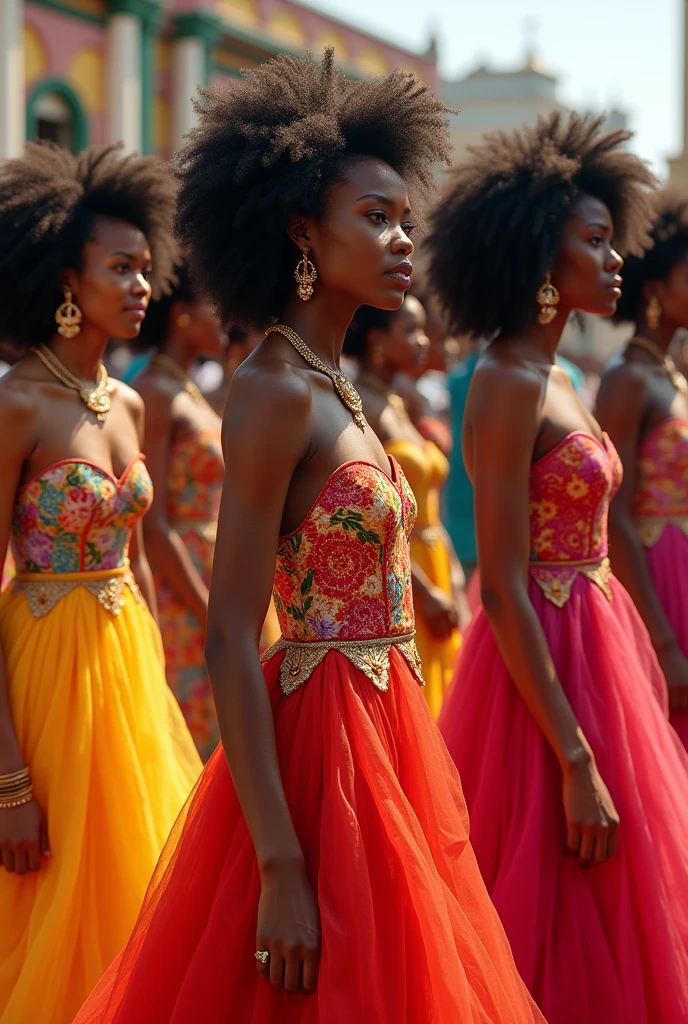 Thank you for your expertise in a parade of very beautiful African-American misses., afro haitian, mulatto girls in beautiful different dresses, different hairstyles, colorful podium